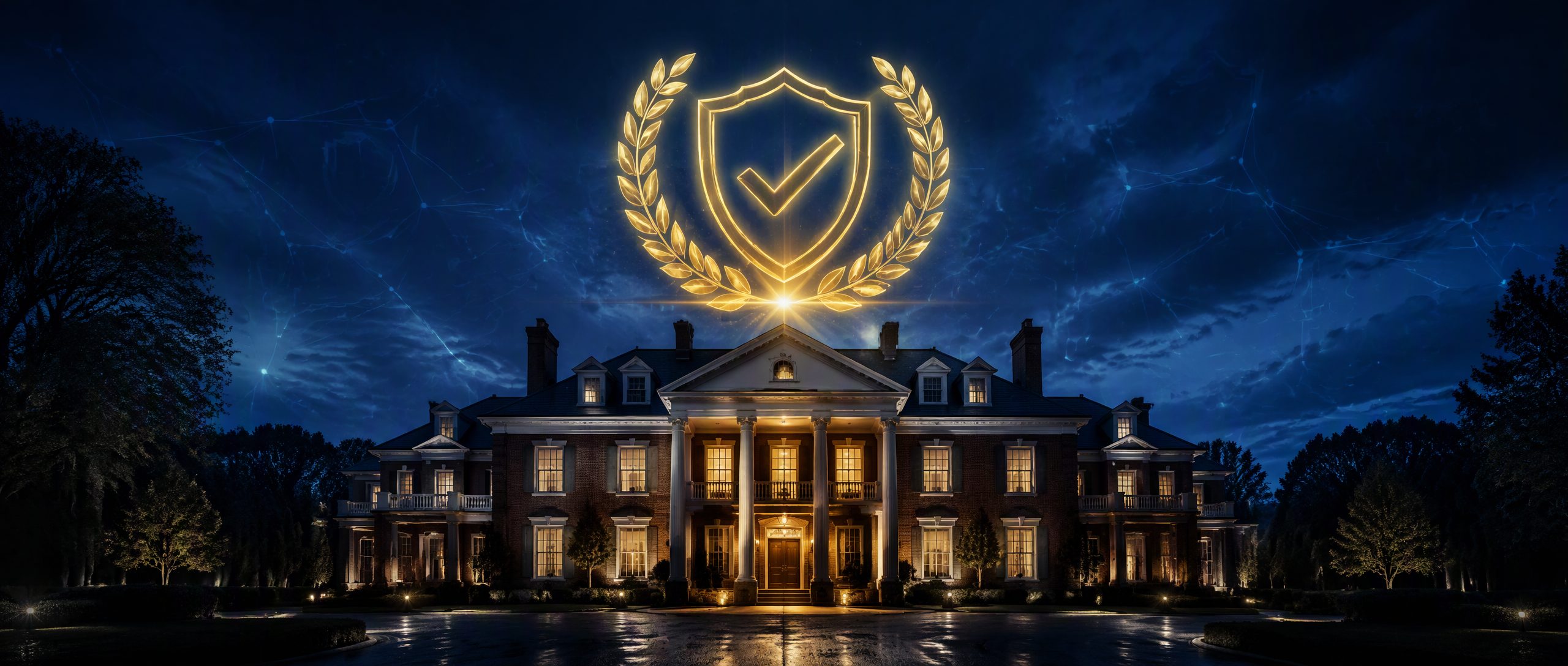 Brick House Security Consulting: a stately brick house beneath a glowing gold security shield emblem at night