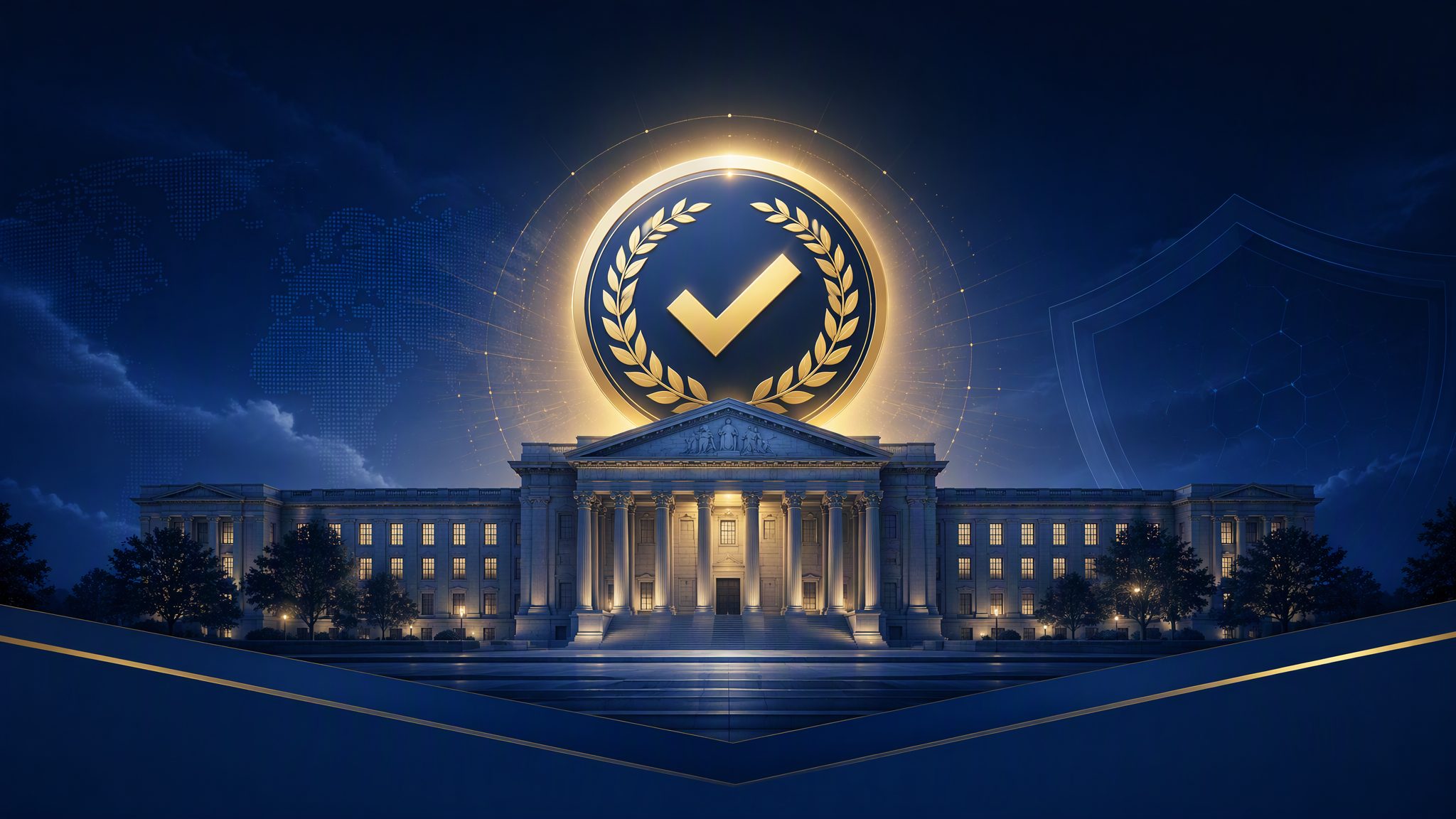 Government building with glowing approval seal - ATO banner