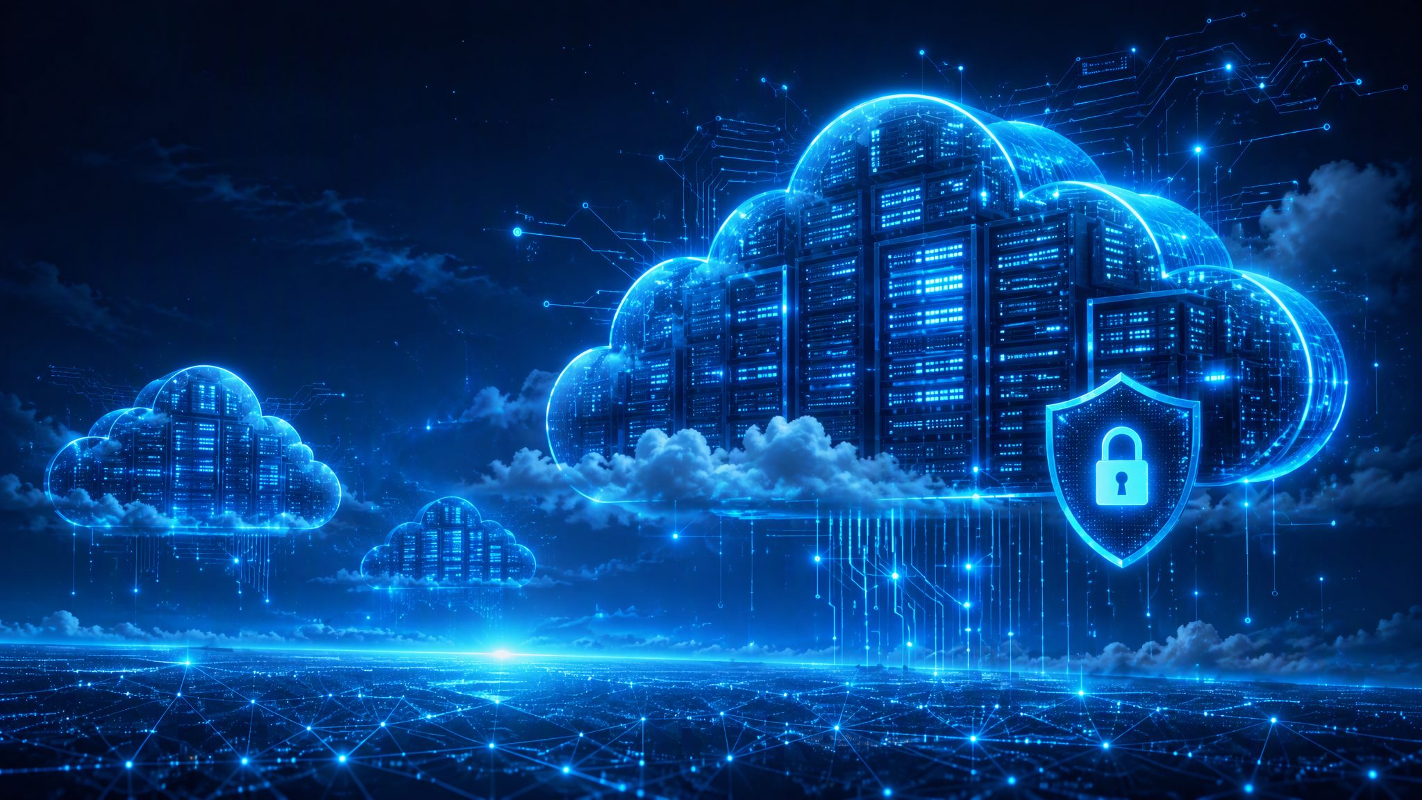 Glowing cloud of server racks and circuits - cloud services banner