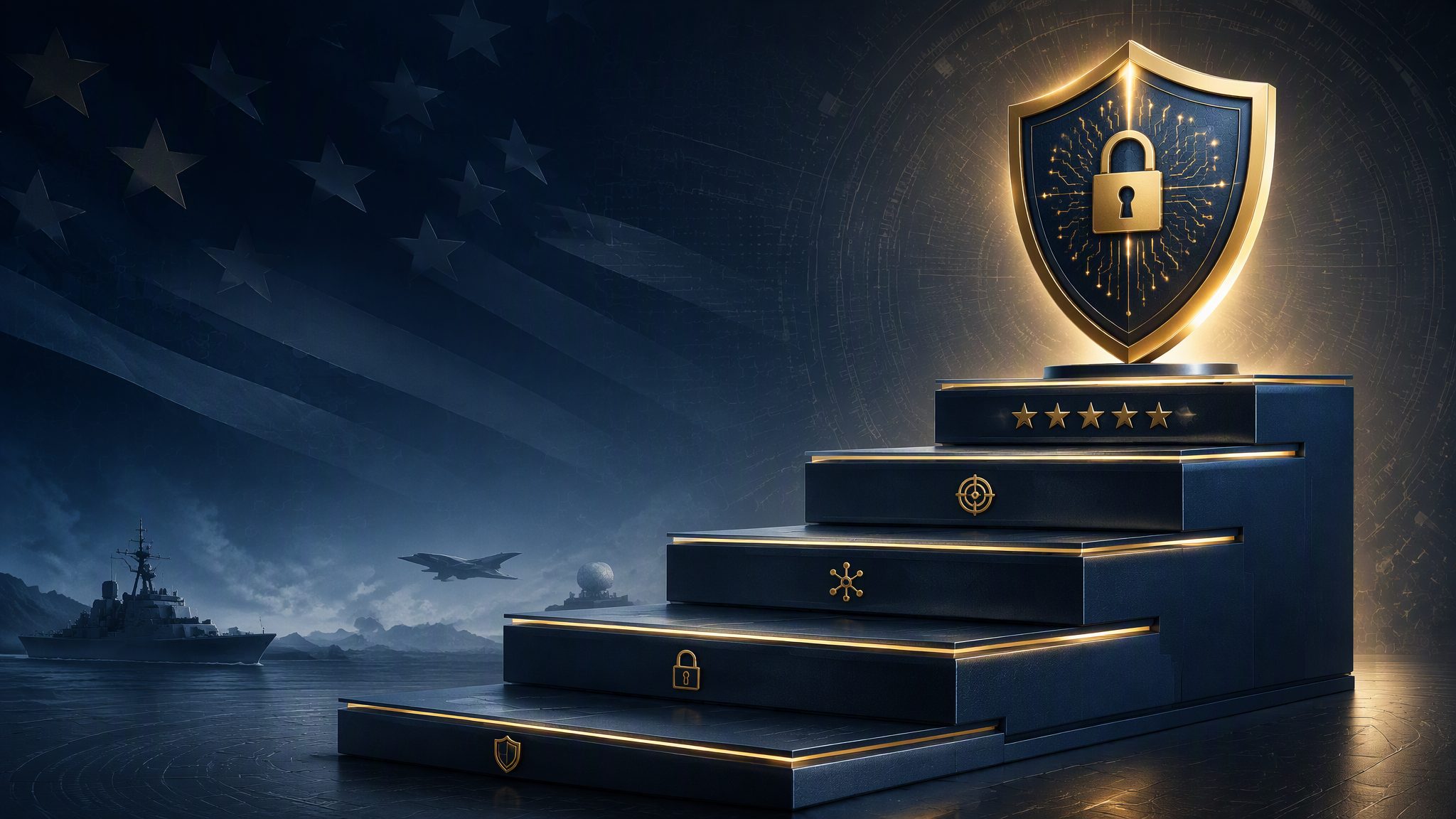 Shield on ascending staircase platforms - CMMC banner