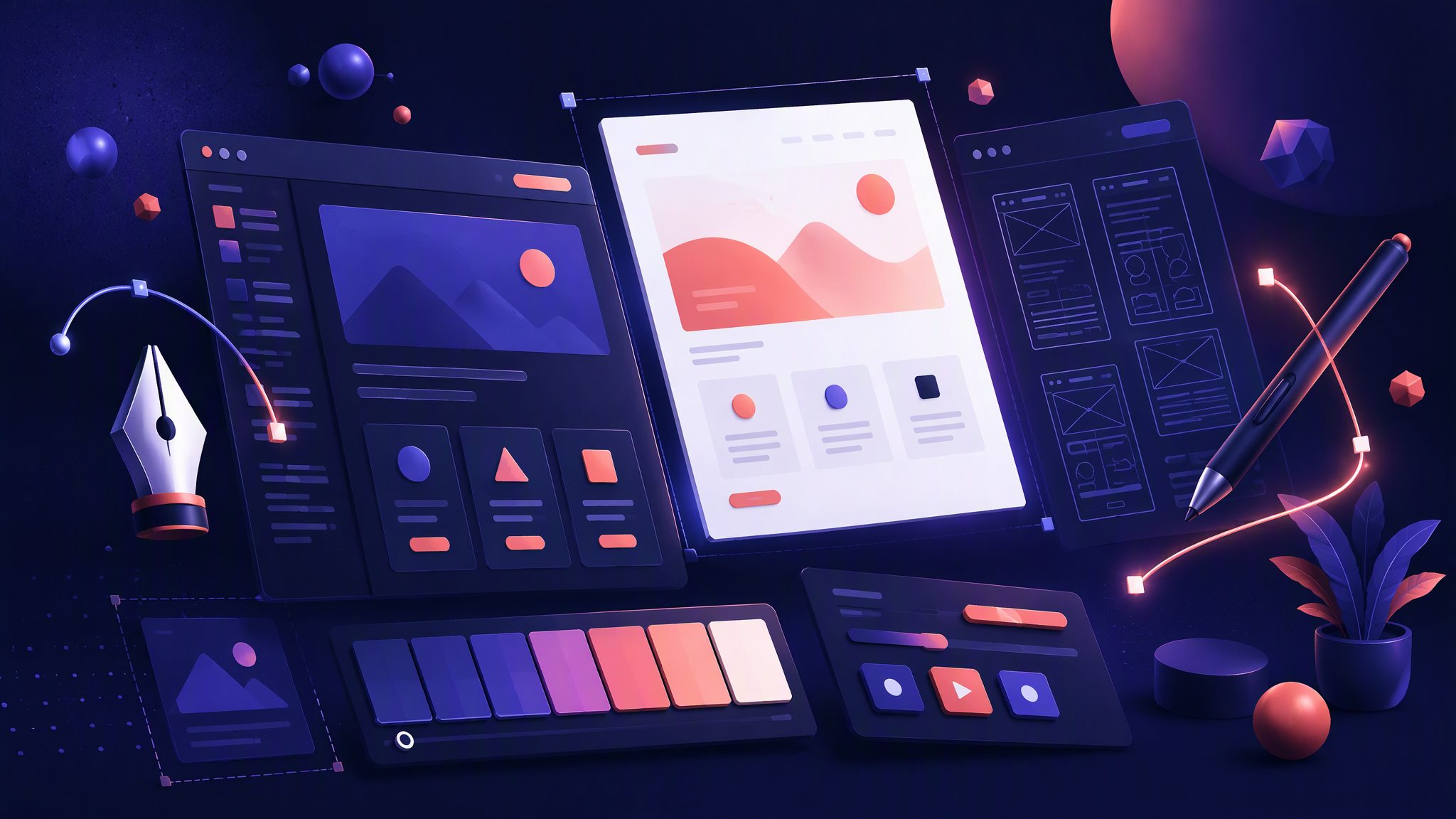 Floating artboards with color palettes and pen tools - design banner
