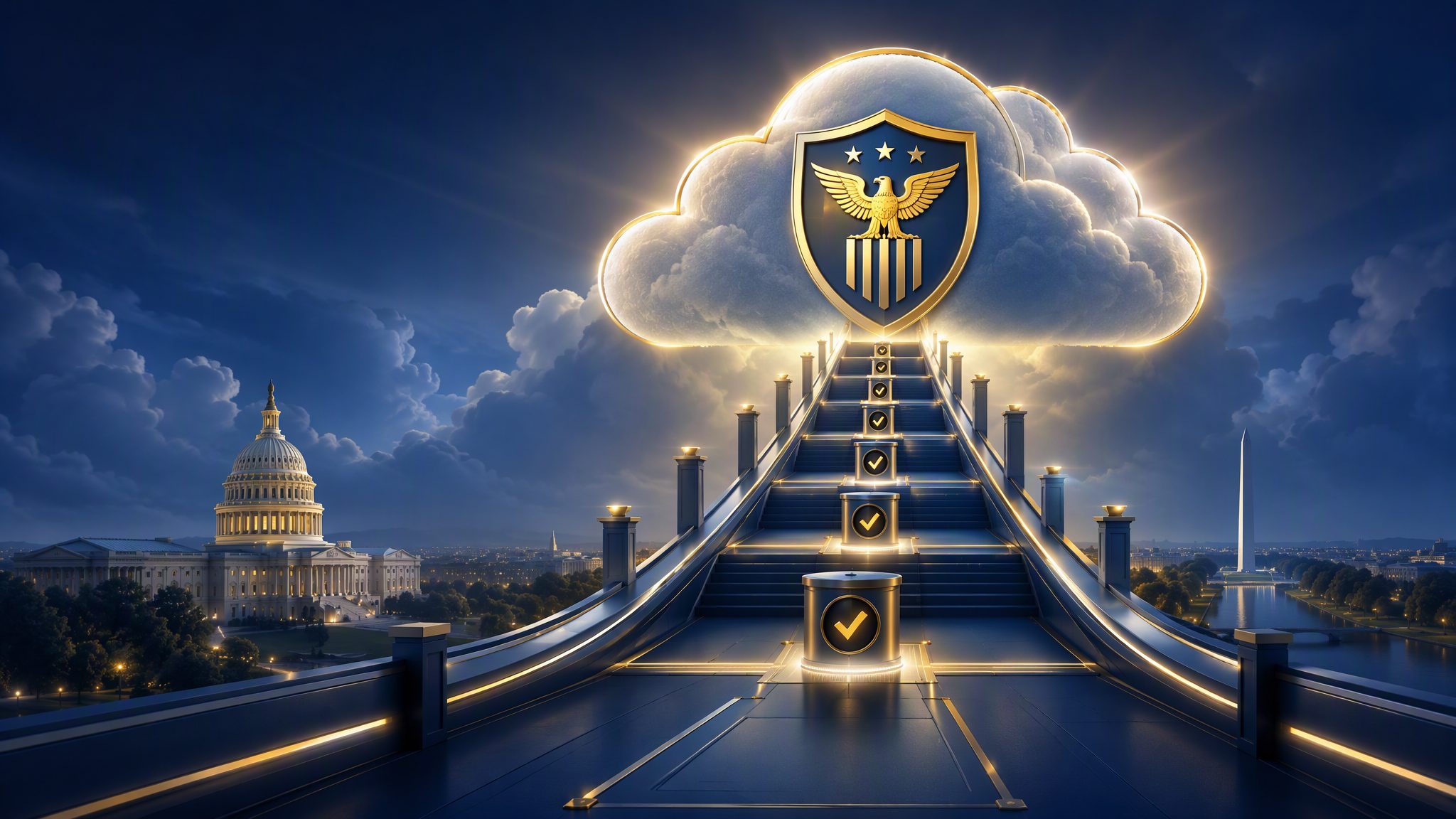 Glowing cloud with official shield over checkpoint ramp - FedRAMP banner