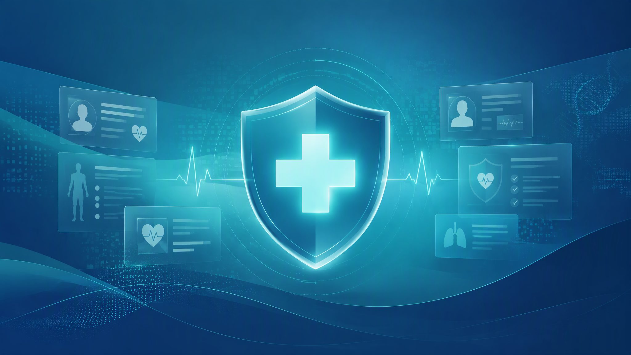 Medical cross in protective shield with health records - HIPAA banner