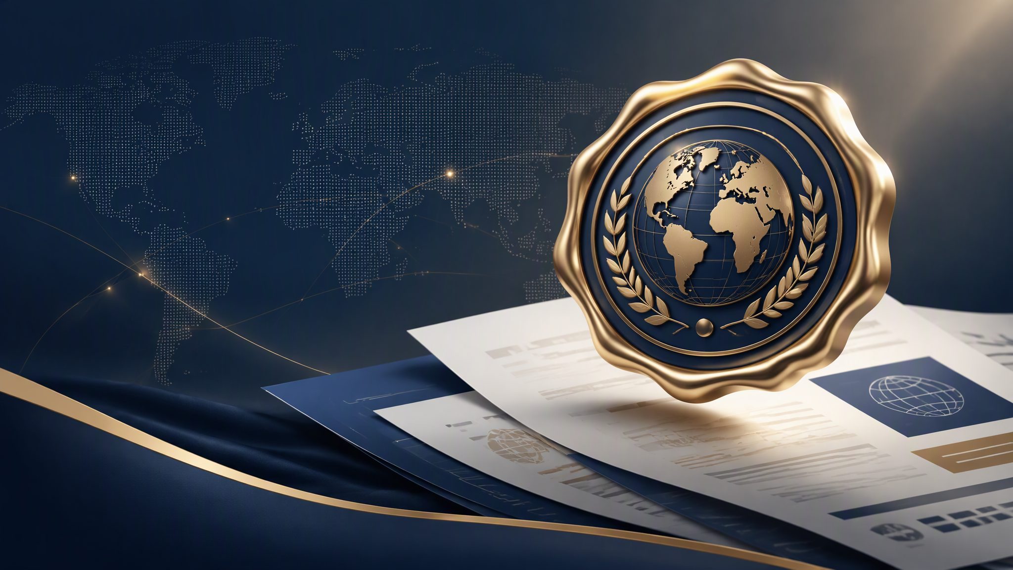 Certification seal with globe and laurel over documents - ISO banner