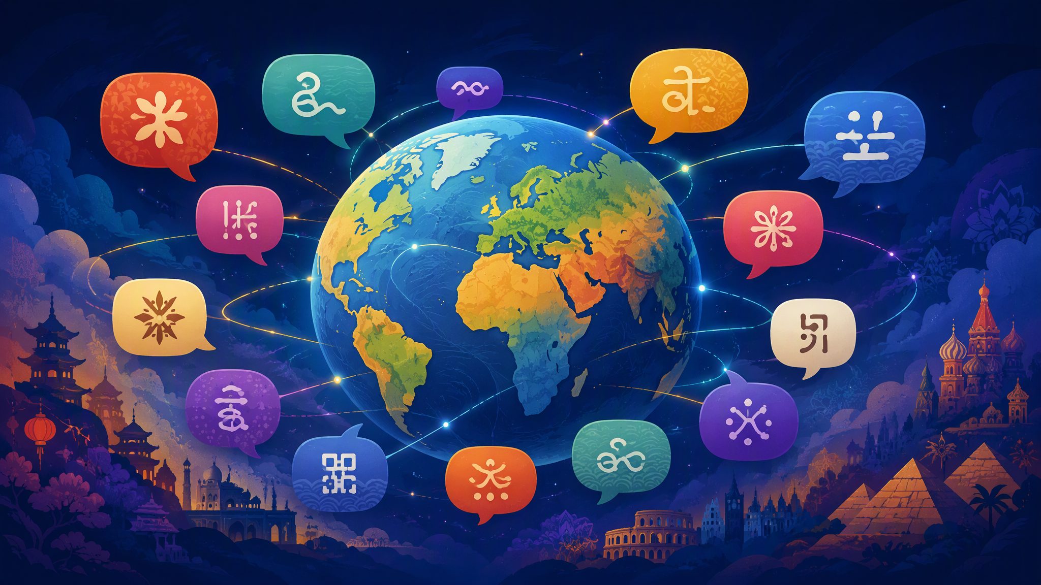 Globe surrounded by multilingual speech bubbles - translation banner