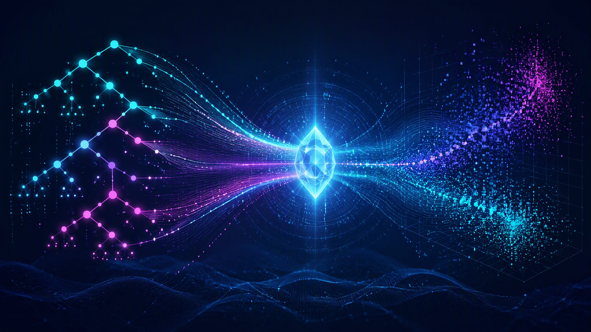 Glowing decision tree converging into crystal core - machine learning banner