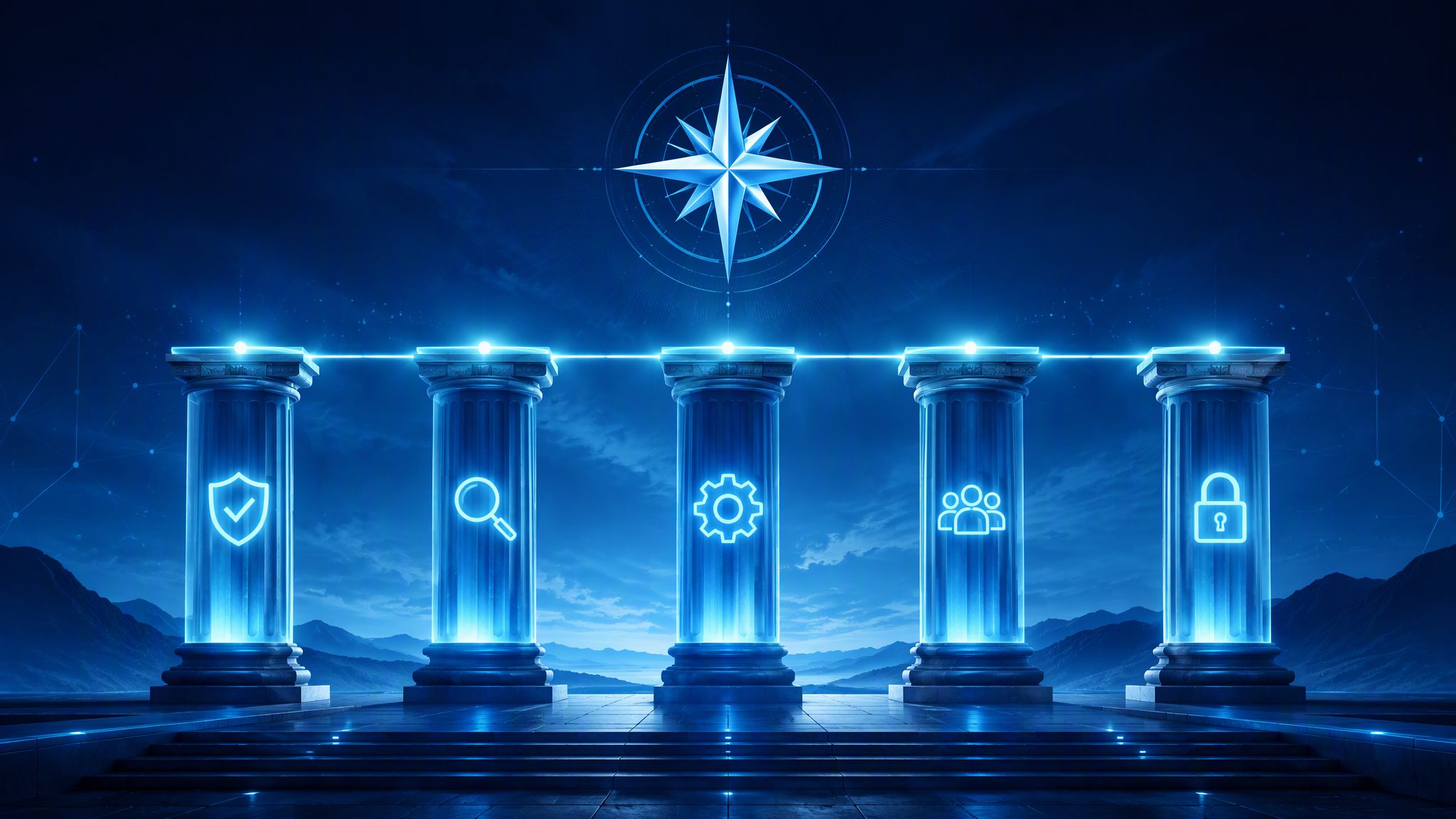 Five glowing pillars connected by light beams - NIST framework banner