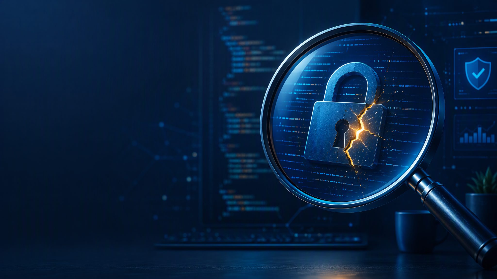 Magnifying glass over glowing code and padlock - penetration testing banner