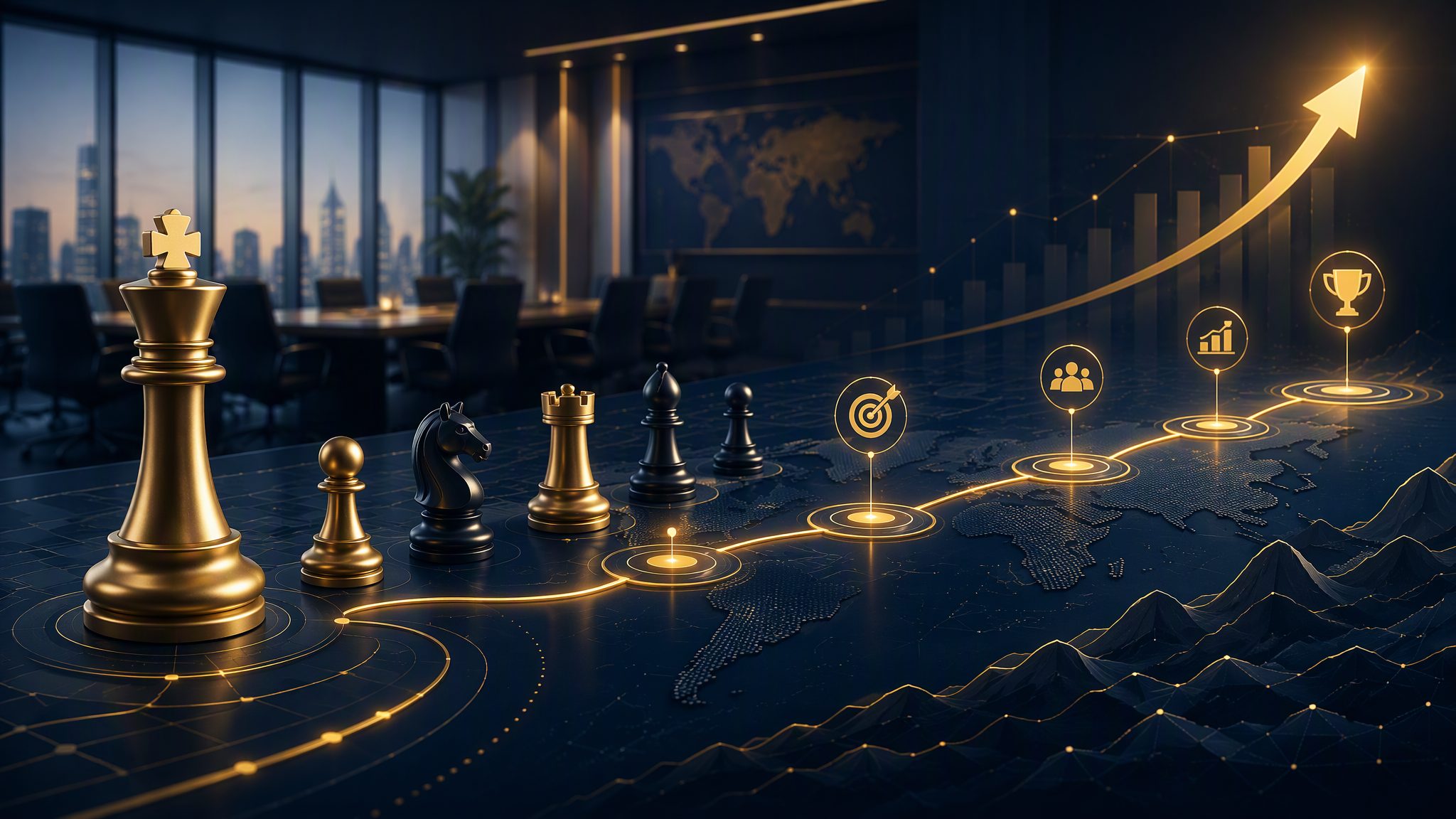 Chess pieces on a glowing strategic roadmap - strategy banner