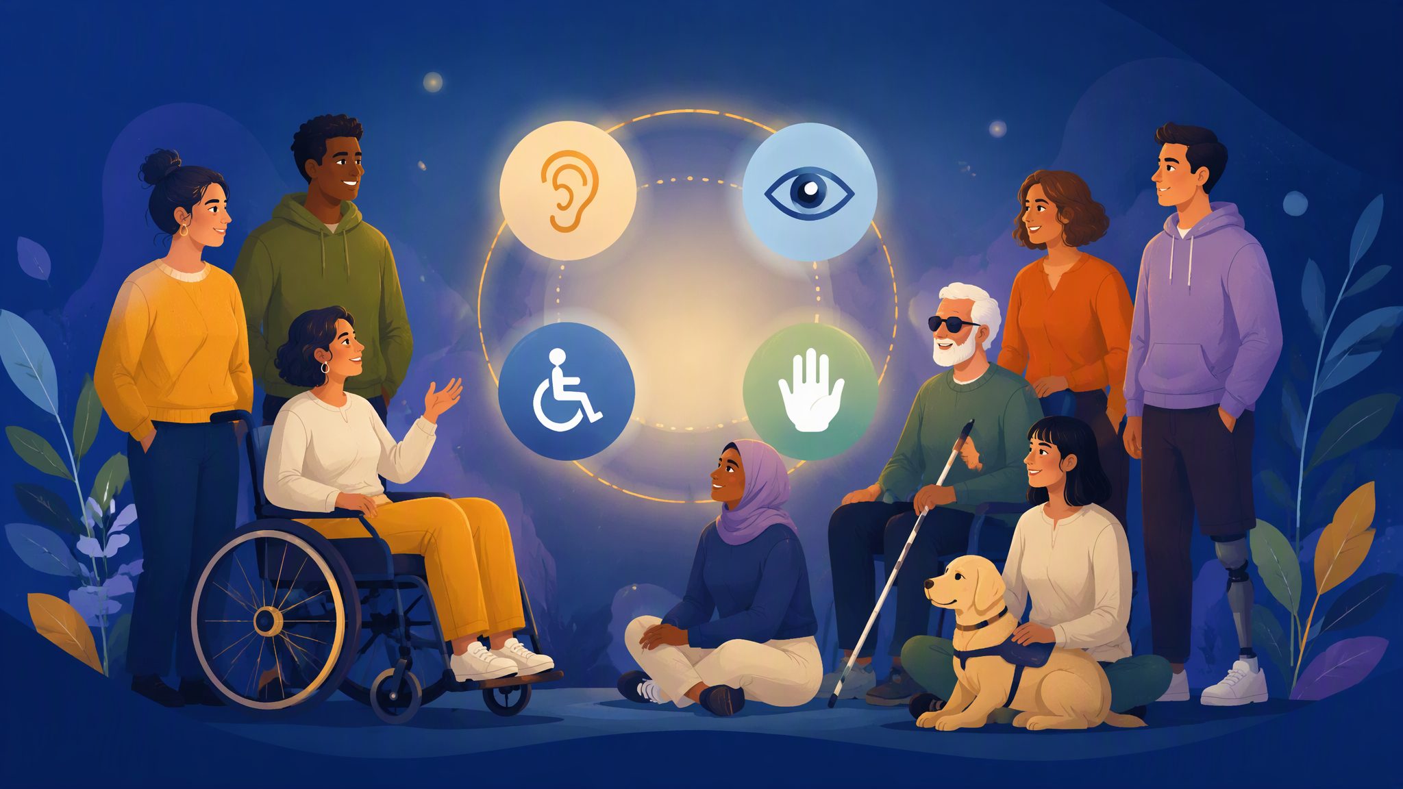 Diverse figures with accessibility symbols in circle of light - WCAG banner