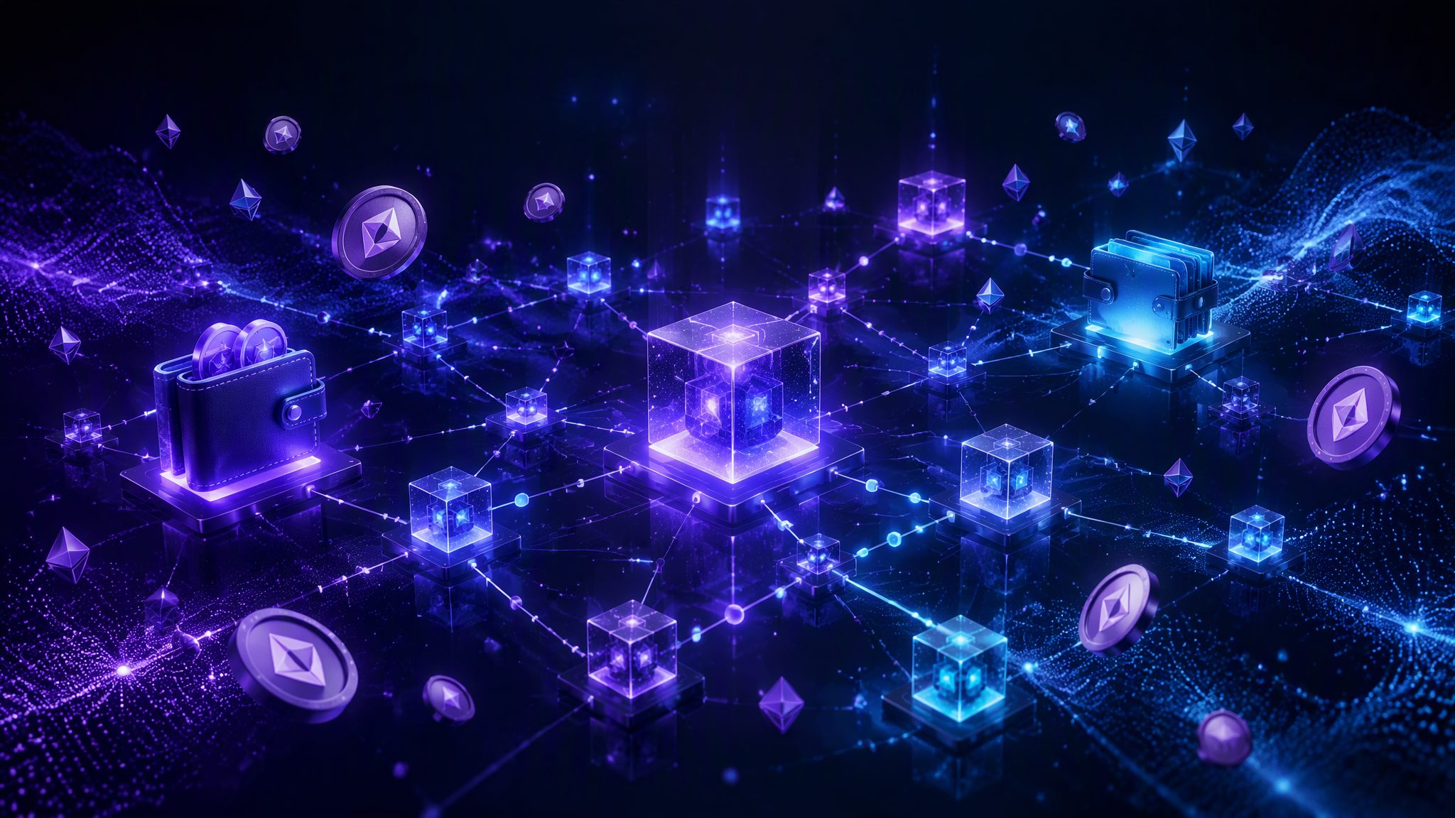Decentralized network of glowing cubes and nodes - Web3 banner
